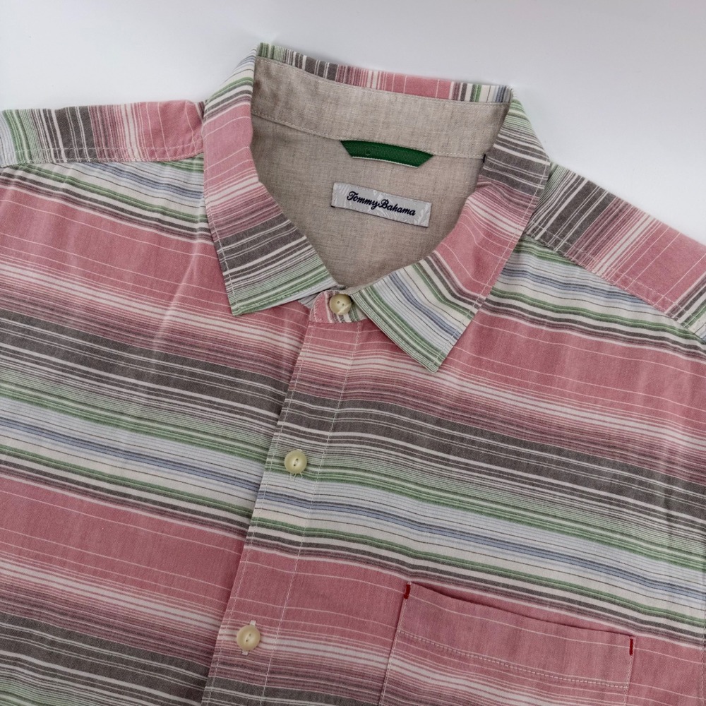 Tommy Bahama Button Down Mens XXL Pink Green Striped Short Sleeve Marlin Shirt